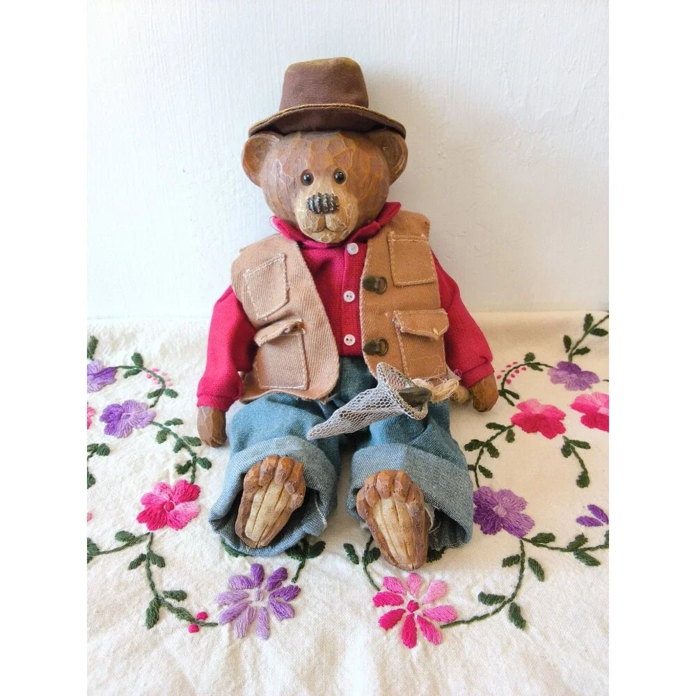 Vintage Heartfelt Ted's Handmade Wooden Fly Fishing Fisherman Bear Teddy